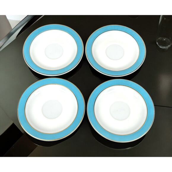 Pyrex Other - 4 Vintage Pyrex Saucers Plates Turquoise Blue Band Milk Glass W/ Gold Trim 6"